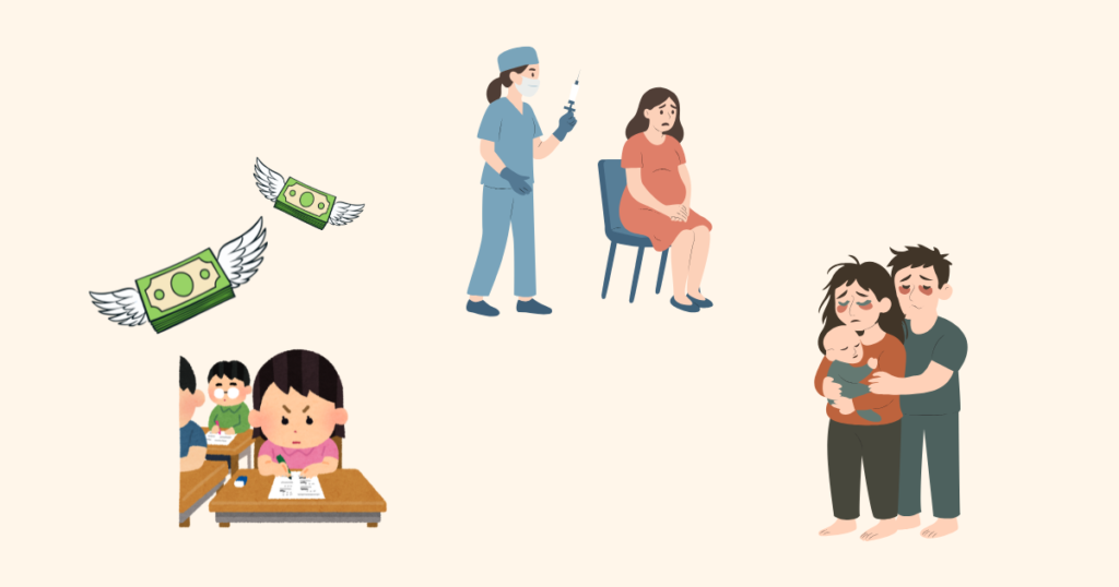 女性が病院にかかったり、受験でお金が飛んだり、育児でボロボロになった様子